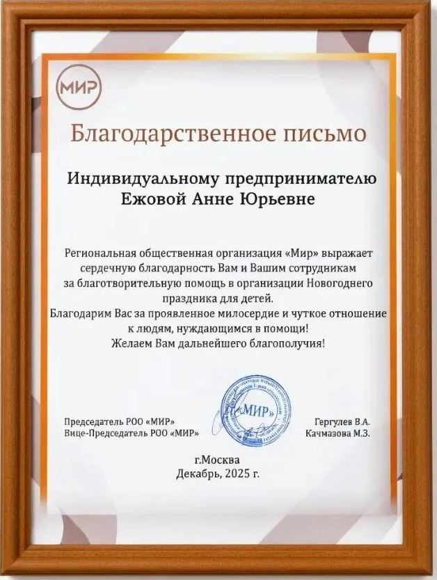 Благодарственное письмо от РОО МИР за новогодний праздник для детей, Москва, декабрь 2025